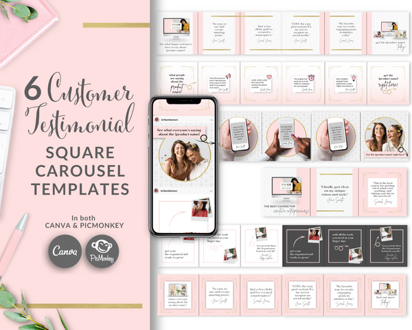 6 Customer Testimonial Square Carousel Templates - Blush Pink and Gold Edition