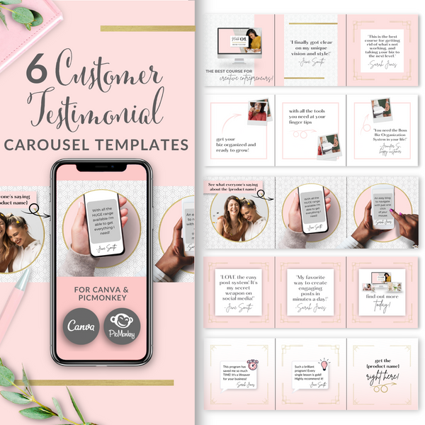 6 Customer Testimonial Square Carousel Templates - Blush Pink and Gold Edition