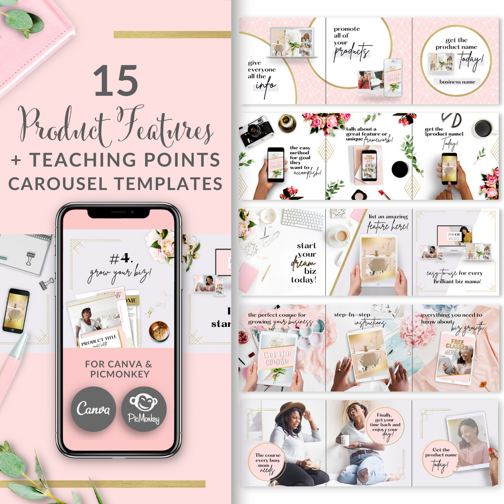 15 Product Features + Teaching Points Square Carousel Templates - Blush Pink and Gold Edition